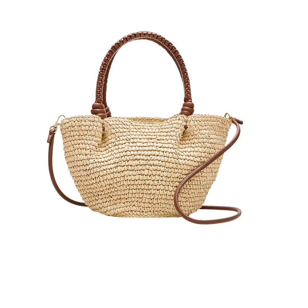 J. Crew Small Hand Knotted Straw Top Handle Bag Brown Leather